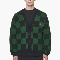 Todd Checkered Knit Cardigan Onyx Black British Green